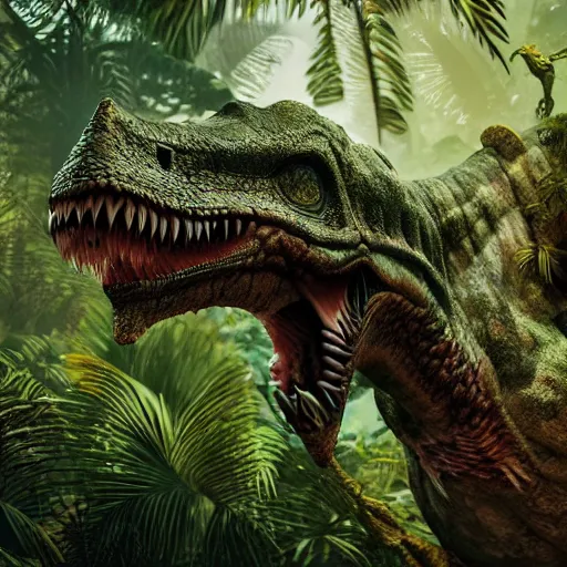 Prompt: a beautiful scary bird dinosaur in the jungle, high details, cinematic, 8 k resolution, beautiful detailed, insanely intricate details, artstation trending, octane render, unreal engine