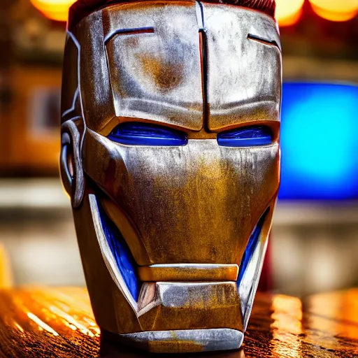Prompt: a closeup photorealistic photograph of an iron man style trader vic's tiki mug at the beach bar. bright scene. fine detail. this 4 k hd image is trending on artstation, featured on behance, well - rendered, extra crisp, features intricate detail, epic composition and the style of unreal engine.