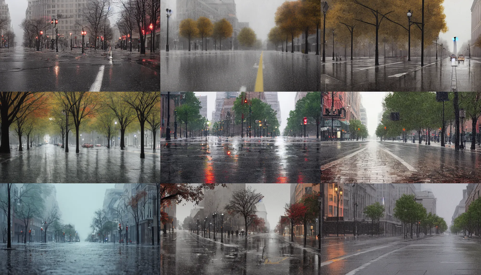 Image similar to empty wet streets of washington dc, rainy day, leafs, dirty ground, hyperdetailed, artstation, cgsociety, 8 k