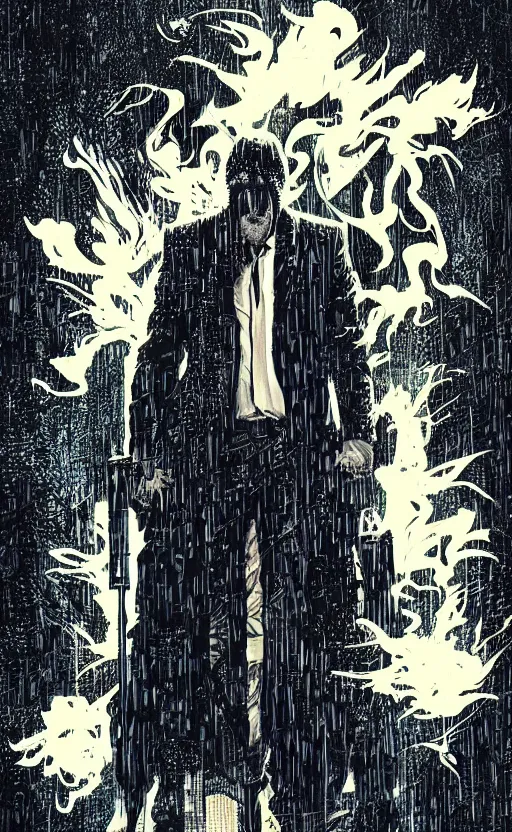 Prompt: nicolas cage as john wick in the rain, dramatic lighting, style of mcbess + Laurie Greasley + Satoshi Kon, symmetric lights and smoke, psychedelic effects, glowing particles, neon rain