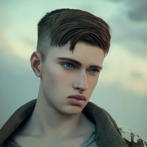 Image similar to young man with short brown hair and blue eyes, pale skin, medium build, looking nervous, highly detailed, cinematic shot, cinematic lighting, 8 k, exquisite facial detail, 5 0 mm, unreal engine octane render