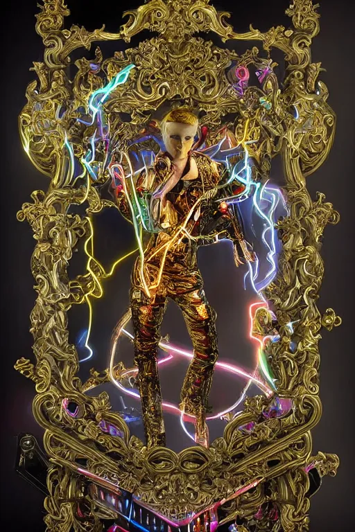 Image similar to full-body bladerunner neon rococo style sculpture of a young handsome Spanish prince as a half cibernetic android with a chest opening exposing circuitry and electric sparks, glowing laser beam eyes, crown of giant diamonds, flowing neon-colored silk, fabric, raptors. baroque elements. full-length view. baroque element. intricate artwork by caravaggio. many many birds birds on background. Trending on artstation, octane render, cinematic lighting from the right, hyper realism, octane render, 8k, depth of field, 3D