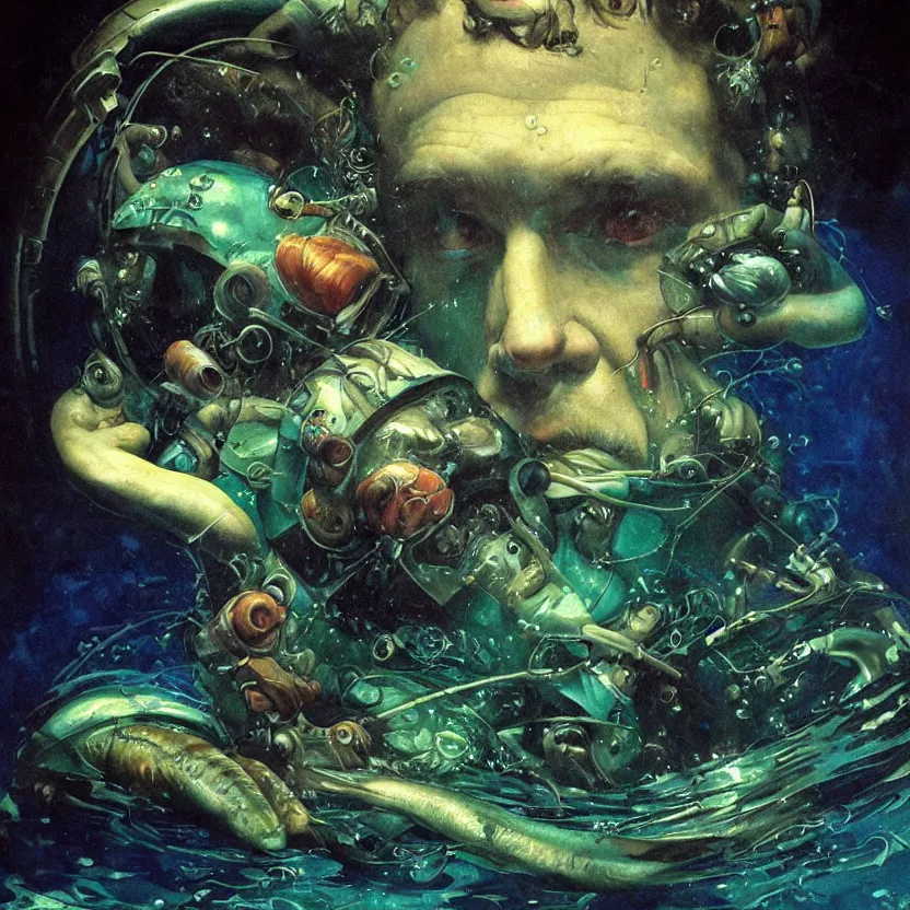 Prompt: an underwater close - up renaissance portrait of a fisherman surrounded by alien sea life. deep blue and green tones. night time. gloomy dark black background. highly detailed fantasy science fiction portrait painting by norman rockwell, moebius, frank frazetta, and syd mead. rich colors, high contrast. artstation