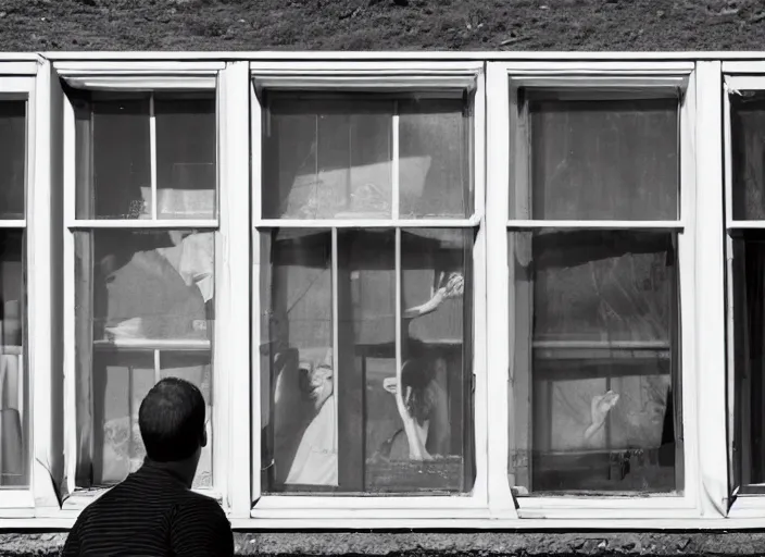 Prompt: a camera obscura photo a man licking his window