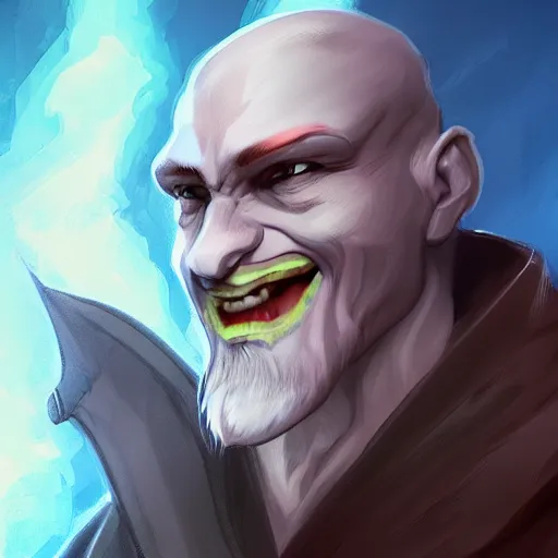 Image similar to blue-skinned bald wizard in his twenties, illustration, dungeon and dragon, Trending on ArtStation