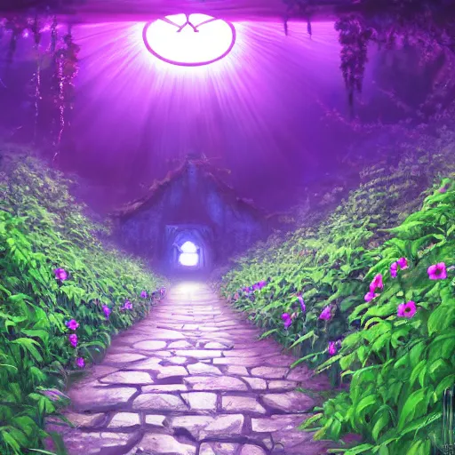 Prompt: a christian cross as the light at the end of the tunnel, purple and pink undertones, with a few vines and overgrowth, studio ghibli, cinematic, realistic painting, high definition, digital art, symmetrical, very detailed, extremely high detail, photo realistic, concept art, unreal engine 5,