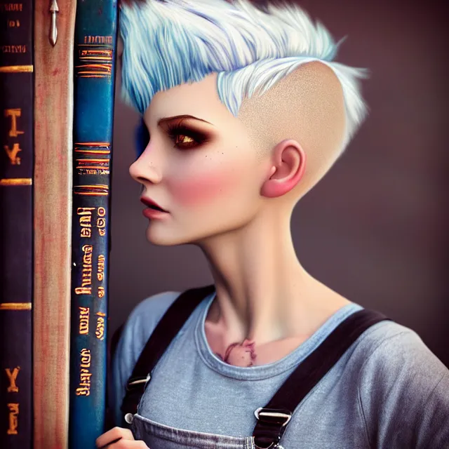 Image similar to full body pose, beautiful adult fairy, pixar, short white hair shaved sides, dirty, grungy, grunge, long sleeve, painted overalls, stacks of giant books, highly detailed, 4 k, hdr, smooth, sharp focus, high resolution, award - winning photo, artgerm, photorealistic