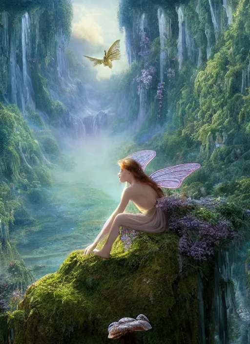 Image similar to an elegant fairy with wings of lace looking out at a lord of the rings scenery landscape, vast lush valley flowers and mushroom structures, stream, sunrise, god's rays highly detailed, vivid color, cinematic lighting, perfect composition, 8 k, gustave dore, derek zabrocki, greg rutkowski, belsinski, octane render