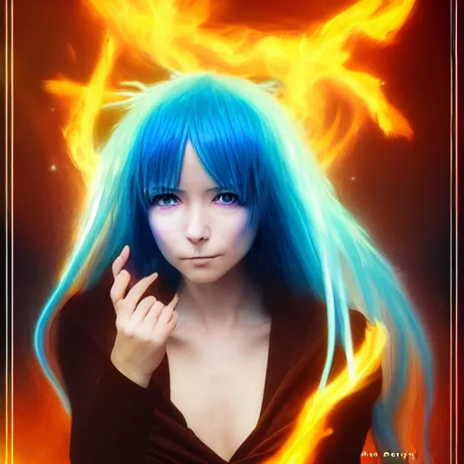 Image similar to rimuru tempest from tensura holding purple fire in her palm, with amber eyes of golden colored eyes, straight hair, sky blue hair, long bangs, concept art, award winning photography, key visual, digital painting, cinematic, wlop, 8 k, by ross tran, andy warhol, tom bagshaw