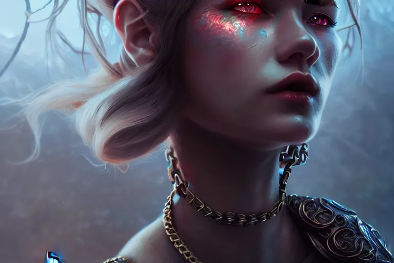 Image similar to Girl Warriorr fantasy, intricate, elegant, highly detailed, digital painting, artstation, concept art, addiction, chains, smooth, sharp focus, illustration, art by Ilja Repin, octane render, RPG_portrait