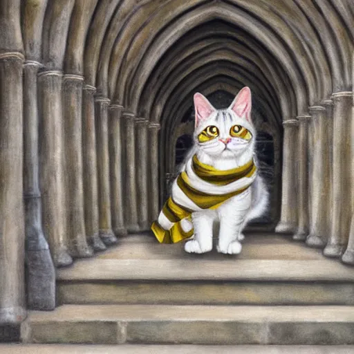 Image similar to oil painting extreme wide shot of a white and grey tabby cat wearing a hufflepuff scarf, in the Gloucester Cathedral cloisters, realistic, in the style of Harry Potter