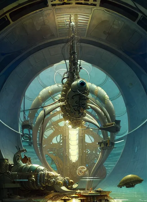 Image similar to epic concept illustration, highly detailed, intricate mechanical design, hard science concept art, underwater nautilus submarine being prepared for launch, by greg rutkowski and alphonse mucha. uhd, cinematic lighting, amazing depth, cinematography by 2 0 1 7