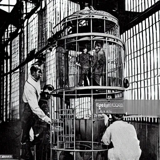 Prompt: scientists studying a creature locked in a cage in a warehouse, 1 9 2 0's sci - fi, black and white, 8 k, highly ornate intricate details, extreme detail,