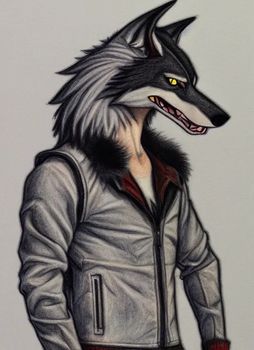 Image similar to expressive stylized master furry artist digital colored pencil painting full body portrait character study of the sergal wolf small head fursona animal person wearing clothes jacket and jeans by master furry artist blotch