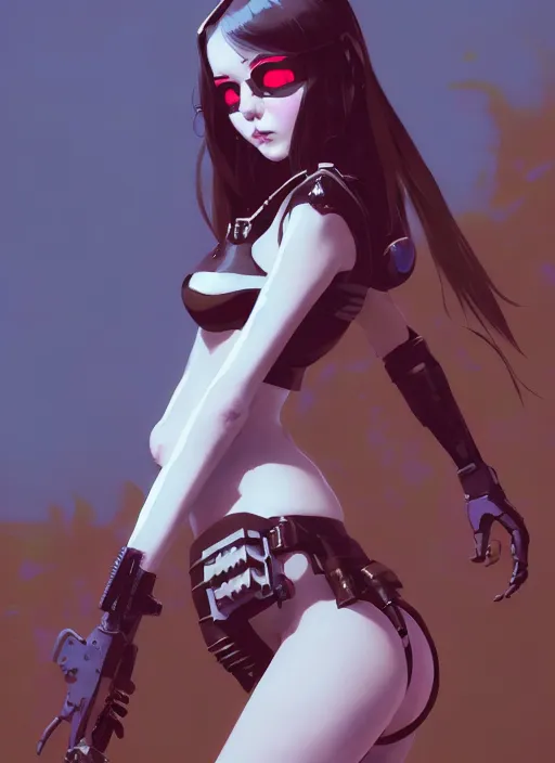 Image similar to portrait of cute goth girl in cyber bikini armor, face by ilya kuvshinov, warhammer, cyberpunk, by atey ghailan, by greg rutkowski, by greg tocchini, by james gilleard, by joe fenton, by kaethe butcher, dynamic lighting, gradient light blue, brown, blonde cream and white color in scheme, grunge aesthetic