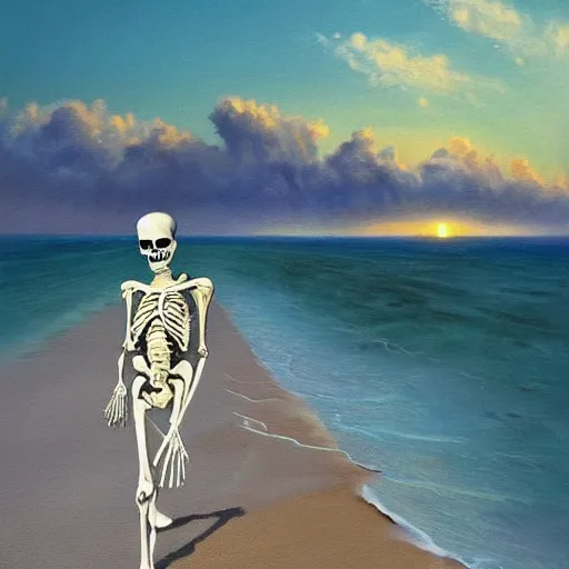 Image similar to Beautiful digital painting portrait of relaxed skeleton walking on the tropical beach with (nuclear bomb explosion in the background)!!!, by James Gurney, high quality, trending on Artstation, realistic, tropical color scheme, anatomically correct skeleton, high coherence, clear blue sky