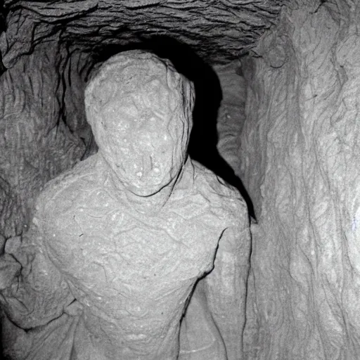 Image similar to found footage of a humanoid made of clay emerging from a wall inside of a cave made of clay, creepy, flash photography, unsettling, moist, low quality