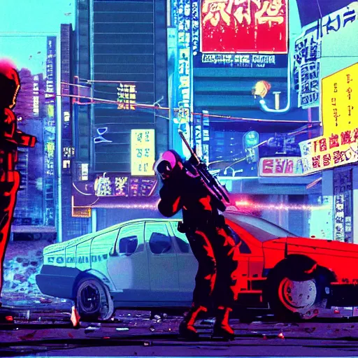 Image similar to 1991 Video Game Screenshot, Anime Neo-tokyo Cyborg bank robbers vs police shootout, bags of money, Police officer hit, Bullet Holes and Blood Splatter, Cyberpunk, Anime VFX, Violent, Action, MP5S, FLCL, Highly Detailed, 8k :4 by Katsuhiro Otomo + Studio Gainax + Arc System Works : 8