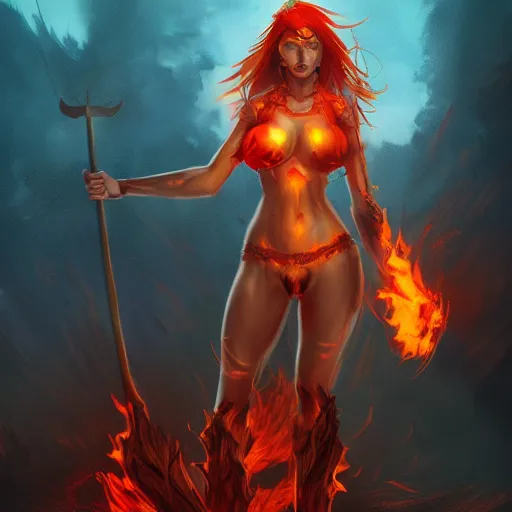 Image similar to fire goddess, skin of flames, body made of fire, wearing armor, rampaging, stormy background, forest fire, breathing fire, fire in hand, concept art, tiny person watching, artstation, 4k