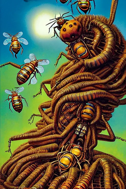 Image similar to a hyperrealistic painting of an epic boss fight against a mechanical hornets nest in a suburban neighborhood on a sunny day, cinematic horror by chris cunningham, lisa frank, richard corben, highly detailed, vivid color,