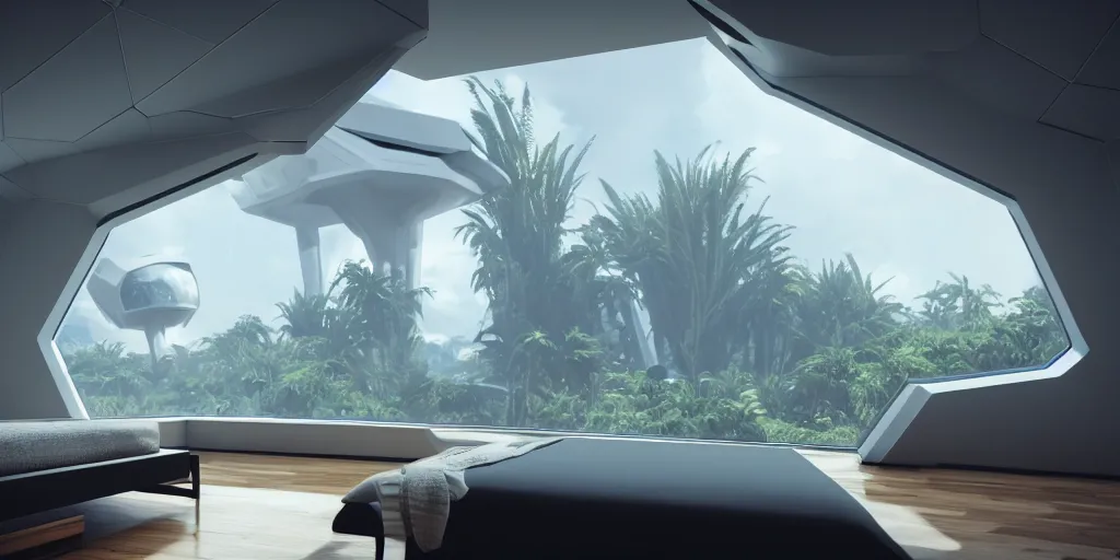 Prompt: angled tilted closeup to a corner in a futuristic confy white bedroom, with wood and gold details and a huge futuristic glass window overlooking a lush alien planet, vegetation spread across parts metropolis outside, environmental lighting, sunny weather and alien skies, ray tracing, amazing view, highly detailed, a black ship in the sky, octane render, unreal engine 5, 4 k