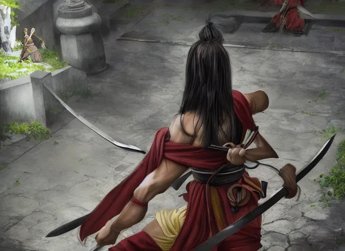 Prompt: samurai girl with long dark hair attack the ogre with her katana in the buddist temple, digital illustration, concept art, realistic lighting, sharp focus, 4 k