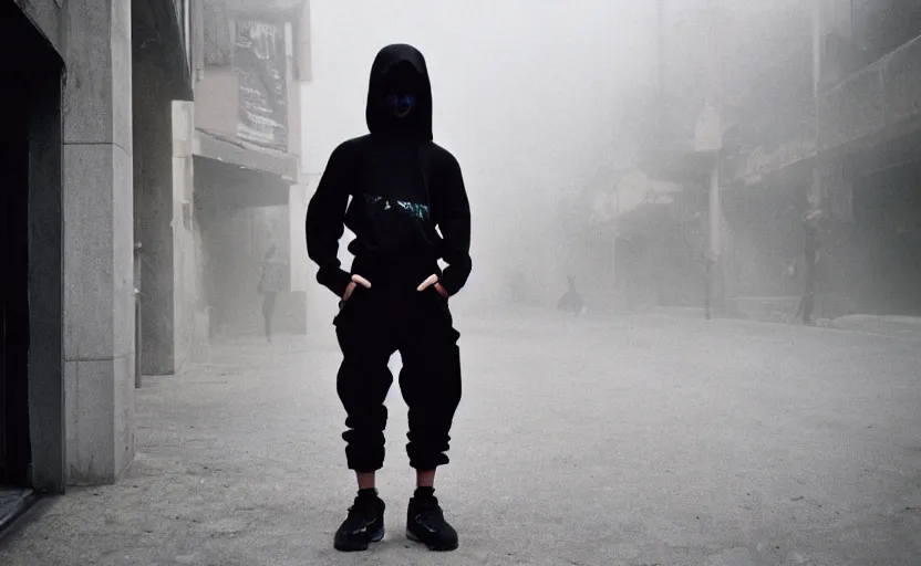 Image similar to cinestill 5 0 d candid photographic portrait by helen levitt of a mixed teen wearing rugged black mesh techwear, modern cyberpunk moody emotional cinematic, white pale concrete city, dust storm, 8 k, hd, high resolution, 3 5 mm, f / 3 2, ultra realistic faces, ex machina