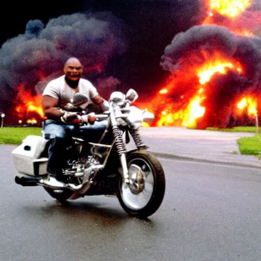 Image similar to mike tyson riding a motorcycle, explosion in background