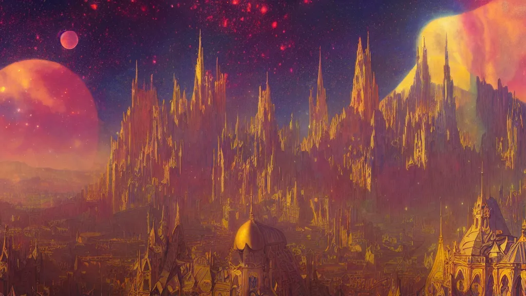 Image similar to a beautiful highly detailed matte painting of colorful castle nebulas by moebius, alphonse mucha, stars in the background, highly detailed, intricate design, 8 k resolution, octane render, trending on artstation and cgsociety