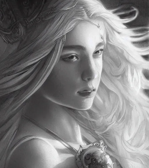 Image similar to beautiful young aphrodite goddess, archer, realistic face, beautiful piercing eyes, black and white drawing, in the style of greg rutkowski, fantasy, amazing detail, epic, intricate, elegant, smooth, sharp focus