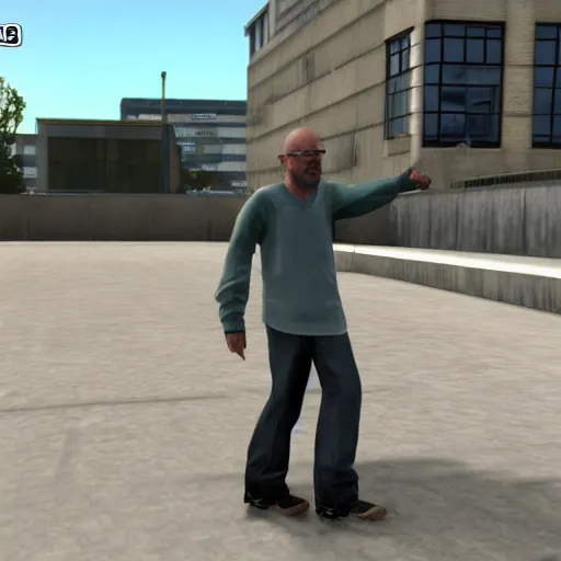 Image similar to Walter White skateboarding in Skate 2, ps3 screenshot, xbox 360 screenshot, 4k, realistic face, insanely detailed