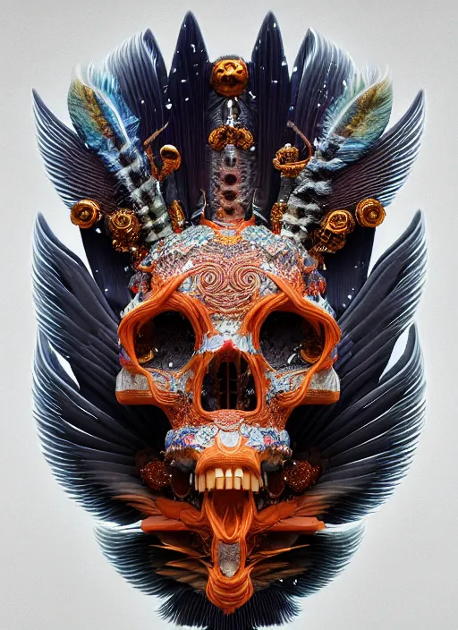 Image similar to 3 d goddess portrait, 8 k micro details global illumiantion beautiful intricate highly detailed quetzalcoatl skull and feathers. bioluminescent, fire, snow, water, wind, creature, thunderstorm! artwork by tooth wu and wlop and beeple and greg rutkowski, trending on artstation,