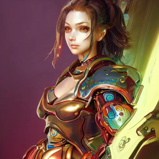 Image similar to studio portrait of lawful good colorful female holy mecha paladin absurdly beautiful, elegant, young sensual graceful woman, ultrafine hyperrealistic detailed face illustration by kim jung gi, irakli nadar, intricate linework, sharp focus, bright colors, matte, octopath traveler, final fantasy, unreal engine highly rendered, global illumination, radiant light, intricate environment