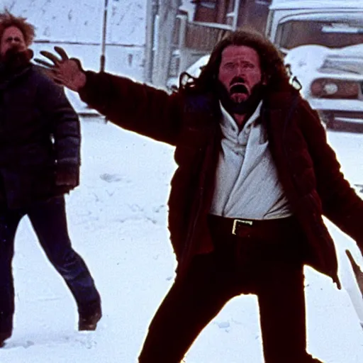 Image similar to movie still from the thing (1982), rendering of harry kane as macready, cinematic, action, full body action shot, john carpenter,