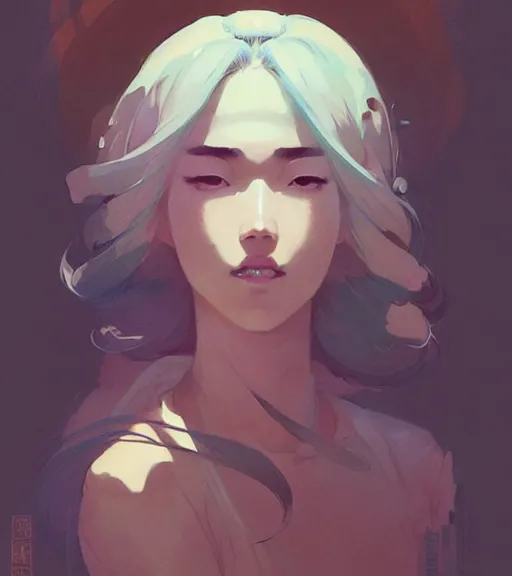 Image similar to portrait of a beautiful alluring immortal japanese goddess by atey ghailan, by greg rutkowski, by greg tocchini, by james gilleard, by joe fenton, by kaethe butcher, by rick wade art, dynamic lighting, gradient light blue, brown, blonde cream and white color scheme, grunge aesthetic