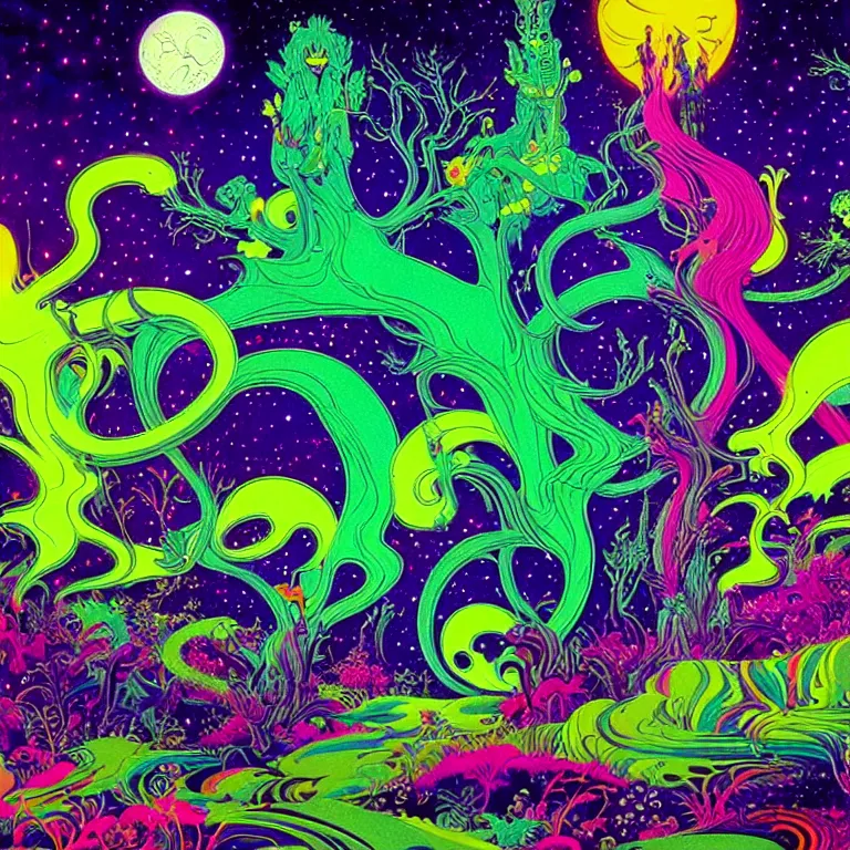 Prompt: hallucinogenic ghost galaxy, bright neon colors, highly detailed, cinematic, eyvind earle, tim white, philippe druillet, roger dean, lisa frank, aubrey beardsley