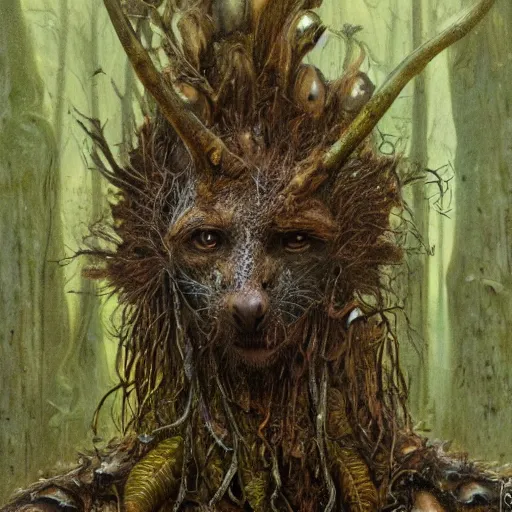 Prompt: detailed realistic body portrait of a ratfolk druid in wooden armor, covered in fungus and mushrooms, decayed plant matter, leaves, by Gerald Brom and Alan Lee, ArtStation