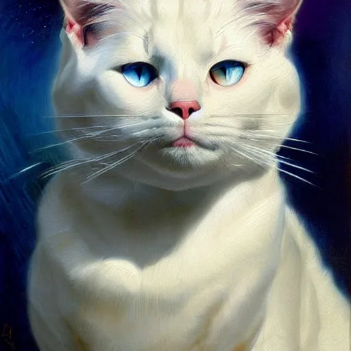 Image similar to a portrait of a manly white cat feline, blue eyes, handsome, attractive, fit, star trek the next generation. highly detailed painting by gaston bussiere, craig mullins, j. c. leyendecker, furry