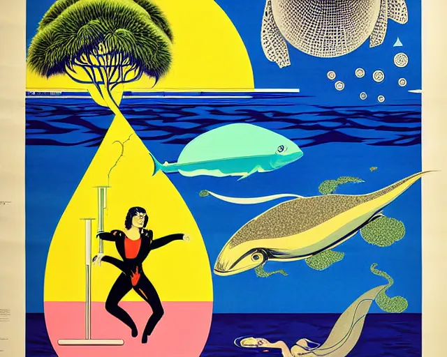 Prompt: 1976 science fiction poster, cut out, nouvelle vague, beach on the outer rim, kabuki theater, tropical sea creatures, aquatic plants, drawings in style of Monty Python Flying Corcus, composition William S Boroughs, written by Neil Gaiman