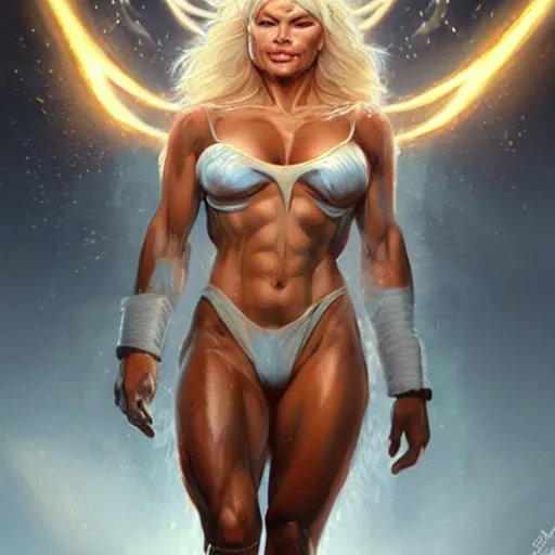 Prompt: pamela anderson as the greek god of lightning, highly detailed, by artgerm and greg rutkowski