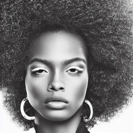 Prompt: close up of head of a black fashion model with large afro, gta style, editorial of fashion magazine, highly detailed