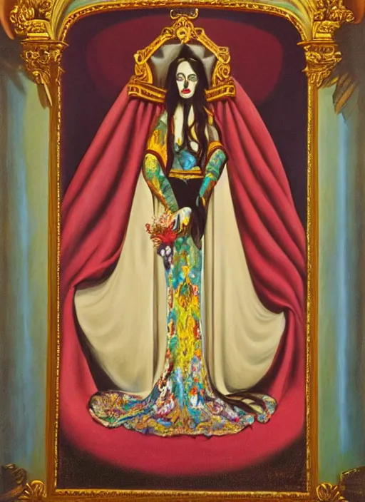 Image similar to oil painting of portait Queen of Ecstasy in a large throne room, Hungarian, by Georgia o Keeffe, by Marcel Jankowicz, animation