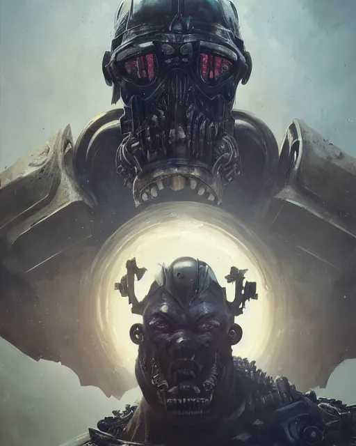 Prompt: hyper realistic portrait of warhammer android head, cinematic, chaos marine, nurgle, artstation, cgsociety, full head and shoulders, greg rutkowski, james gurney, mignola, craig mullins, brom
