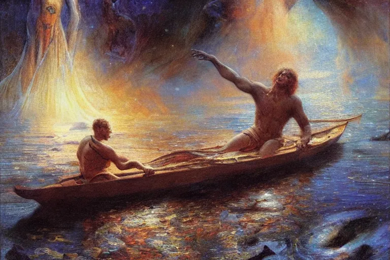 Prompt: illustration of a black river in the astral plane with black oozing arms reaching out of the water. a man on a boat paddles down the river. art by gaston bussiere.