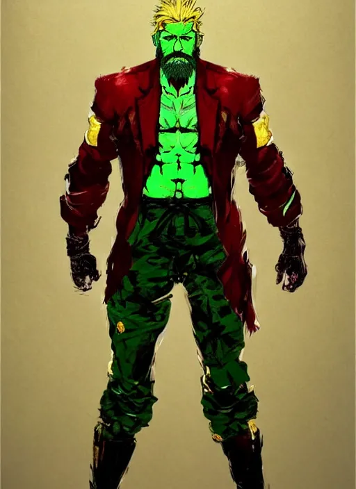 Image similar to Full body portrait of an old muscular man with blonde hair and beard red, green and gold jacket. In style of Yoji Shinkawa and Hyung-tae Kim, trending on ArtStation, dark fantasy, great composition, concept art, highly detailed.