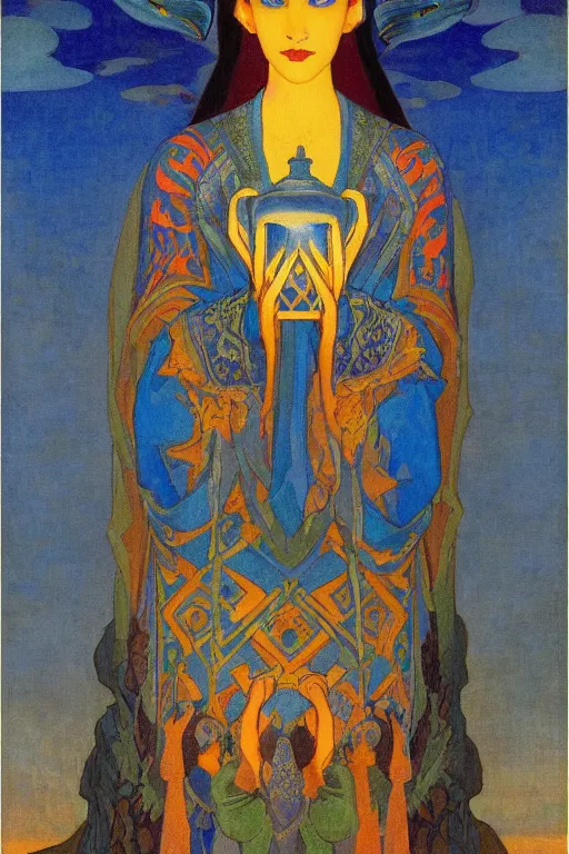 Prompt: queen of the dawn with her lantern and birds, by Nicholas Roerich and jean delville, elaborate headdress and embroidered velvet, iridescent beetles, rich color, dramatic cinematic lighting, extremely detailed