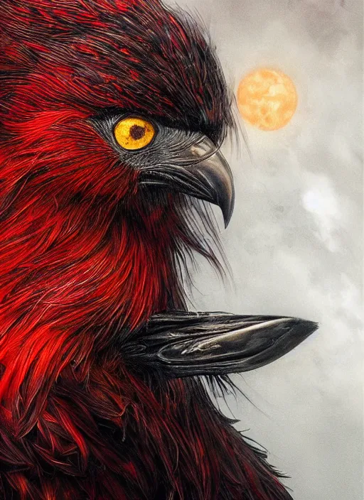 Image similar to red and golden color details, portrait, A crow with red eyes in front of the full big moon, book cover, red details, red white black colors, establishing shot, extremly high detail, foto realistic, cinematic lighting, by Yoshitaka Amano, Ruan Jia, Kentaro Miura, Artgerm, post processed, concept art, artstation, raphael lacoste, alex ross, portrait, A crow with red eyes in front of the full big moon, book cover, red roses, red white black colors, establishing shot, extremly high detail, photo-realistic, cinematic lighting, by Yoshitaka Amano, Ruan Jia, Kentaro Miura, Artgerm, post processed, concept art, artstation, raphael lacoste, alex ross