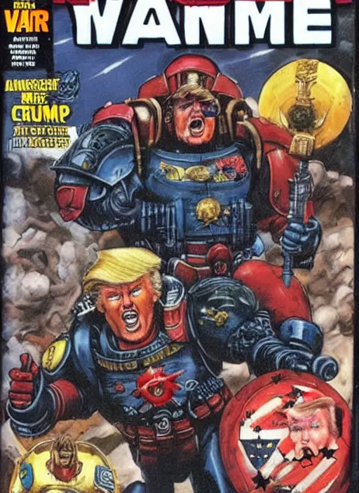 Prompt: comic book cover of donald trump as a space marine from warhammer 4 k, big crowd people are happy and cheering