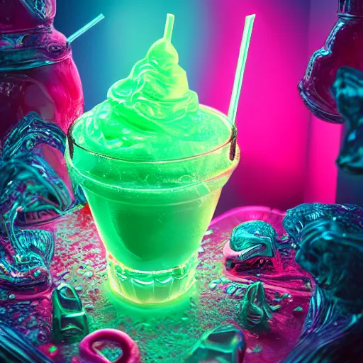 Prompt: cherry limeade smoothie drip, intricate complexity, surreal horror, inverted neon rainbow drip paint, trending on art station, photoreal, 8 k, octane render by greg rutkowski, rafał olbinsk and salvador dali