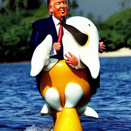 Prompt: donald trump riding a dolphin holding a corn dog, 1 9 9 0 s